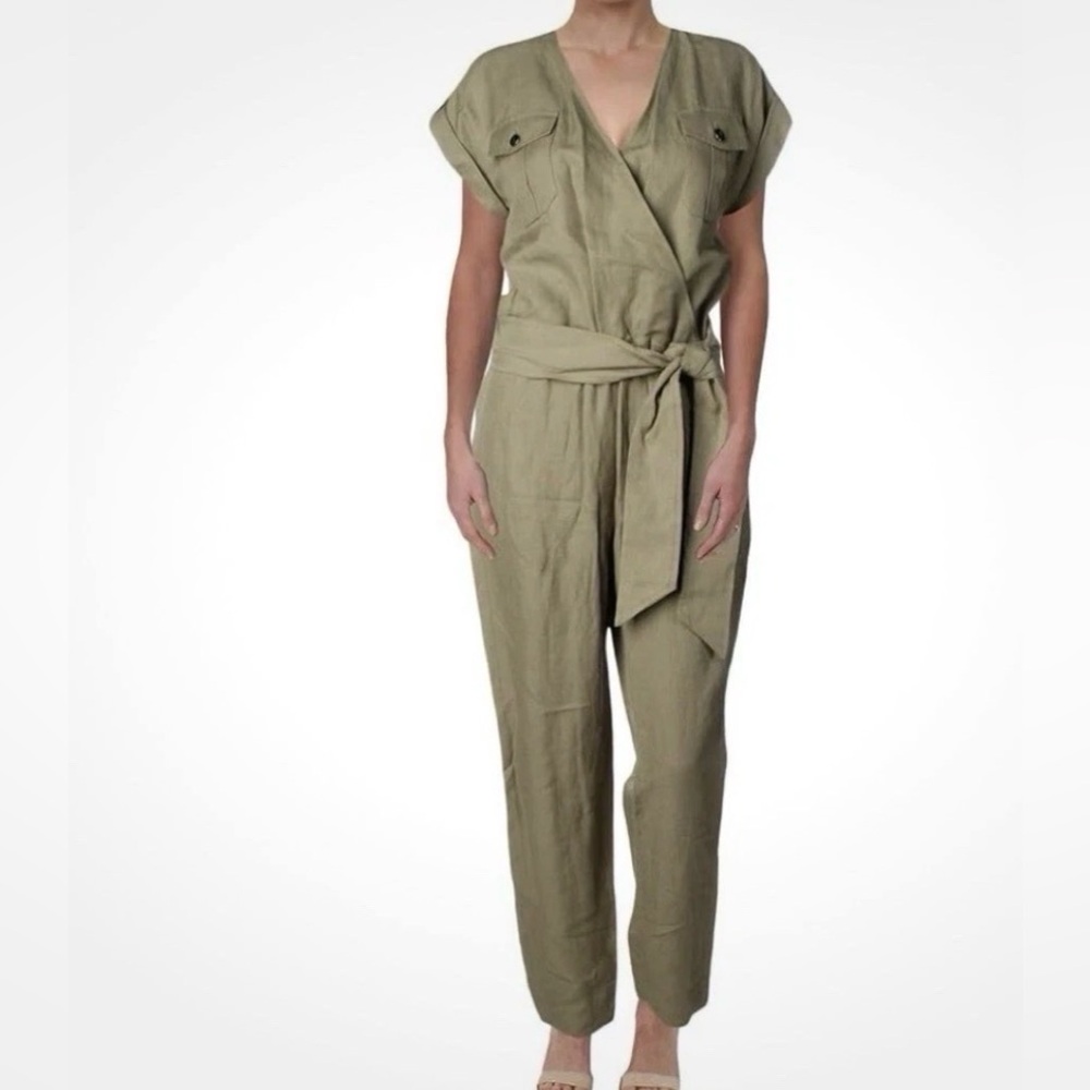 LAUREN RALPH LAUREN Linen Blend Wrap Utility Jumpsuit Size 14 Tan Short Sleeves